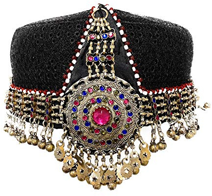 Duel On Jewel Afghan Kuchi Tribal Head Cap for Women, Handmade Festival Costume Hat with Multicolor Medallion, Oxidized Chain Fringe Bell Tassels, Artisan Cultural Turkish Ottoman Heritage Headwear