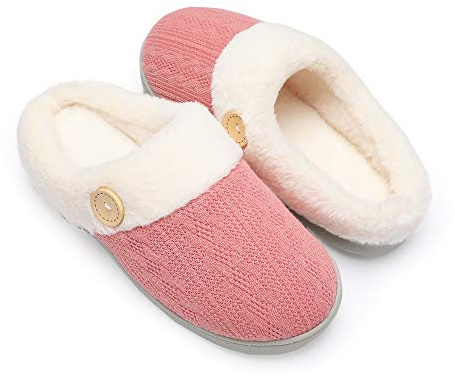 Chantomoo kvinnor hus tofflor bekväm minnesskum plysch sovrum fuskpäls fodrade stickade varma tofflor slip-on lätta skor, inomhus utomhus halkfri gummisula mysig, Mörkrosa, 42/43 EU