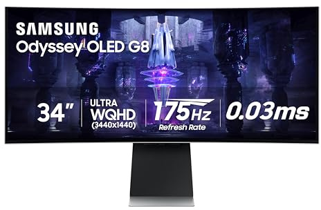 Samsung 34' Odyssey G85SB Series QD-OLED Ultra WQHD Curved Gaming Monitor, 175Hz, 0.03ms, DisplayHDR True Black 400, AMD FreeSync Premium Pro, Advanced Game Streaming, LS34BG850SNXZA