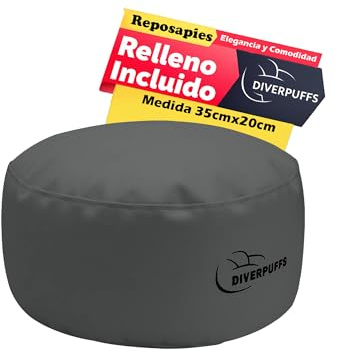 Diverpuff Reposapiés Redondo Gris Exterior XXL Relleno Incluido Polipiel Antirayaduras Ideal Adultos Niños Sala Juegos Oficina Lectura Relajación Multifuncional Diseño Ergonómico Ideal para Puff