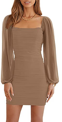Wenrine Damen Kleider Party Cocktail Club Bodycon Kleid Hochzeitsgast Mesh Langarm Square Neck Minikleid Slim Fit(Khaki,S)