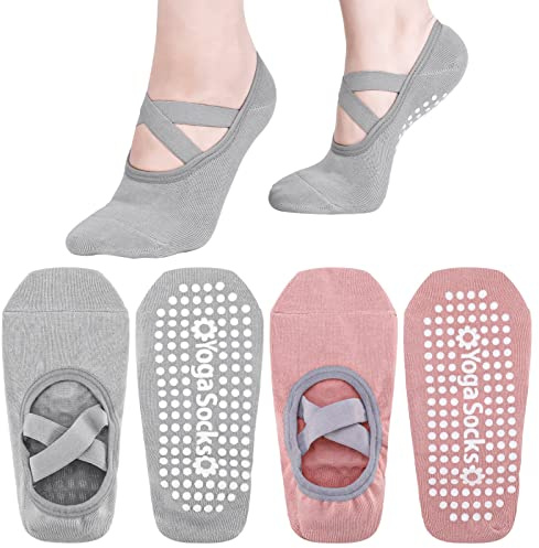 FANTESI Yoga Socks - 2 Pairs Pilates Socks Non-Slip Grip Yoga socks with Straps Ideal for Pilates, Fitness, Barre, Ballet, Barefoot Workout, Dance