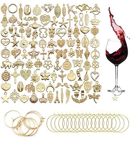 100 st dryckesmarkeringar bägare dryckesmarkörer vinglas berlocker glasmarkerare glasmarkering med 50 st spänne för vin cocktail champagne provningsfest förmåner dekorationsbehov guld, Metall