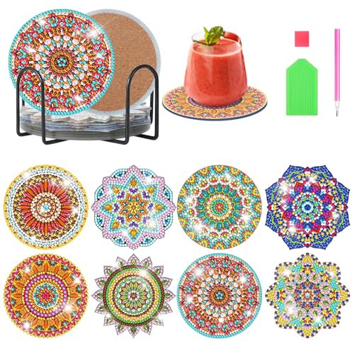 Kinsinder 8Pcs Diamond Painting Untersetzer mit Halter, DIY Diamant Art Untersetzer Mandala, DIY Diamond Painting Erwachsene Untersetzer für Gläser Weingläser Vasen