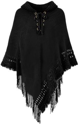 Rayson Women Knitted Warm Ponchos with Hood for Winter Elegant Solid Plus Size Fluffy Sleeves Poncho Capes Warps for Ladies with Tassels (Black, One Size)