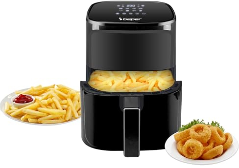 BEPER P101FRI051 Friteuse à air chaud, frite sans huile, 5 L, Display tactile, 8 programmes, réglable jusqu'à 200°C, minuterie 60 minutes, arrêt automatique, Noir