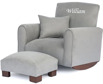 Toddler Personalized Armchair, Kids Upholstered Rocking Chair with Personalization, Toddler Chair with Personalized Name, Comfy Child Armchair, (Grey Suede, Rockers)