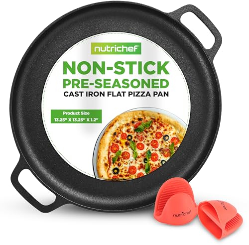 NutriChef 13-Inch Flat Cast Iron Pizza Pan - Versatile Pre-Seasoned Round Cooking Griddle w/Built-In Handles for Oven, Grill, Stove, and Campfires - Includes 2 Heat Safe Silicone Grips