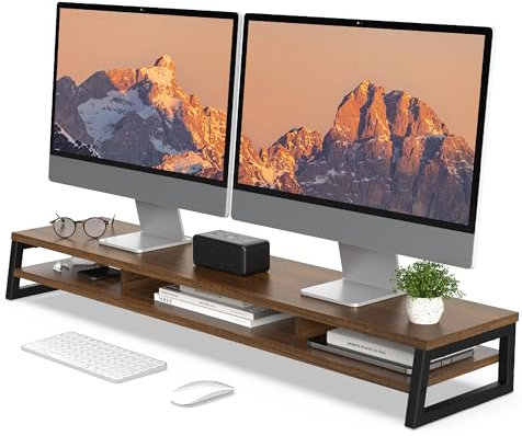 Fenge Dual Monitorständer Riser 108cm Große Computer Bildschirmständer für PC/Laptop/Fax/Drucker/TV, Schreibtisch Organizer,Tragfähigkeit 45KG (Braun)