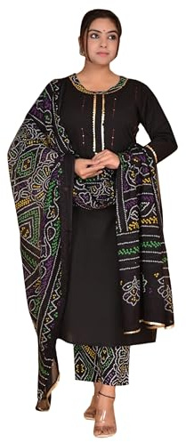 IMTRA FASHION Set Pantaloni Kurta da Donna Abito Indiano in Puro Cotone con Dupatta (Nero-X-Large)
