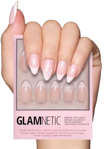 Glamnetic Press On Nails - All Time Love Spring Nails | Glossy, Semi-Transparent, Short Almond French Tip Fake Nails with Leaf Accents, Salon Quality | 15 Sizes - 30 Nail Kit with Glue
