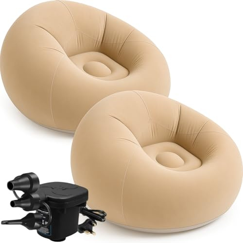 MSYU 2 Pcs Inflatable Bean Bag Chairs with Electric Air Pump, Portable Blow Up Sofa for Adults, Comfortable Lazy Couch for Camping, Gaming, Reading & Living Room (Brwon)