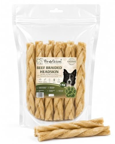 PAWLICIOUS 1Kg Beef Braided Head Skin Sticks for Dogs, (51 Count) 100% Natural Pet Treats Long Lasting Dog Chews, Hypoallergenic Gluten and Grain Free Headskin Pet Food Snacks