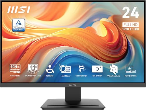 MSI Pro MP243L E14 Moniteur de Bureau de Jeu IPS 24 1920 x 1080 (FHD), 144Hz, synchronisation adaptative, HDR-prêt, HDMI, Port VGA, Montage VESA, inclinable, Cadre Mince sur 4 côtés, 1 ms