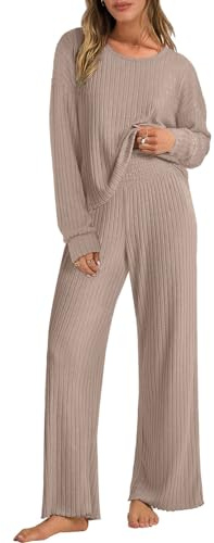 Yutdeng Conjunto 2 Piezas Mujer Ropa Casa Pantalon y Jersey Manga Larga Pierna Ancha Cintura Alta Casual Traje Mujer Elegante Dos Piezas Conjunto Yoga Chandal Pijama Invierno Otoño,Caqui,S