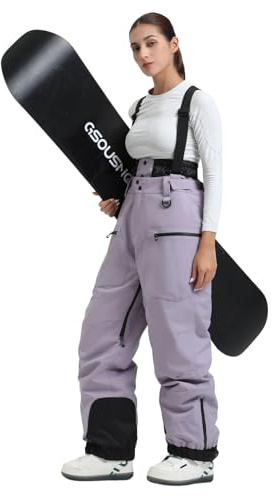 GSOU SNOW Womens Oversized Ski Trousers Baggy Snowboard Trousers Ski Salopettes Snow Pants with Braces - Waterproof Windproof Breathable Insulated Warm Purple