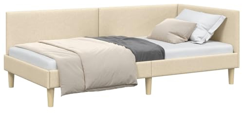 vidaXL Hörn Sängram med huvudgavel Kräm 90 cm x 190 cm Sammet, Modern sängram, L-formad, konvertibel, hållbar sammet, justerbart huvudgavel, platsbesparande design