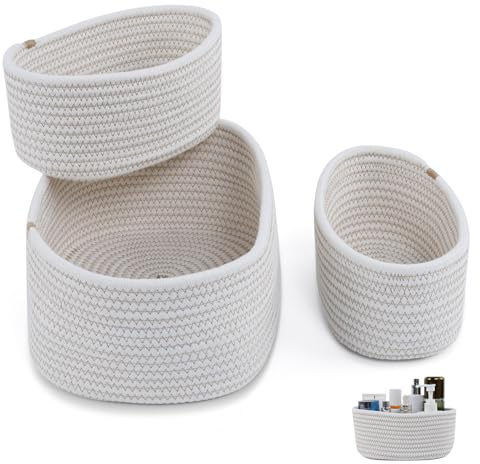 OTraki Cestas Almacenaje Tejidas con Cuerda de Algodón Juego de 3, Cesta Setas, Cestas Organizadoras para Salones, Armarios, Juguetes y Baño (Blanquecino)