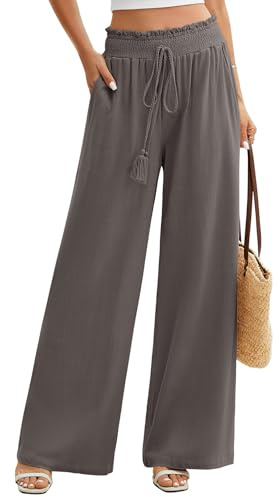 UMIPUBO Pantalon Lin Femme Été Coton Chanvre Décontractés Large Pantalons Fluide Elegant Chic Taille Haute Élastique Pantalon Léger Jogging Pants de Plage avec Poches