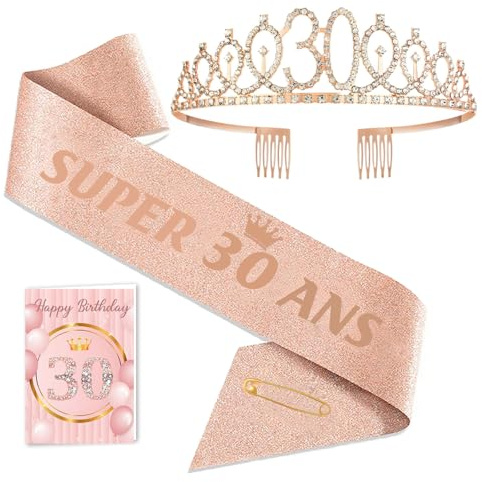 Toctax Couronne et Écharpe 30 Ans avec Carte - Cadeau Anniversaire Femme, Accessoires Déco pour Fêter les 30 Ans - Idéal Cadeau pour un 30e Anniversaire