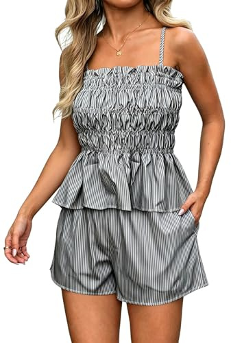 crazy bean Tuta Donna Estiva 2 Pezzi a Righe Completo Corto Pantaloncini e Maglietta Senza Spalline Elegante da Spiaggia Casual con Tasche Nero M