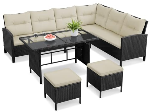 Yaheetech Set Mobili da Giardino in Rattan PE con 1 Divano ad Angolo 1 Tavolo 2 Pouf, Mobili Esterni 7 Posti con Cuscini per Patio Balcone Terrazza, Nero e Beige