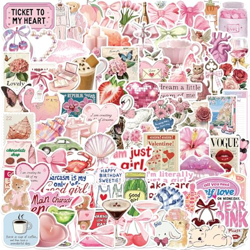 200 klistermärken Coquette vintage rosa, estetiska retro coquette-klistermärken för vattenflaska laptop scrapbook, 200 unika mönster vattentät vinyl klistermärken set för flickor gåva