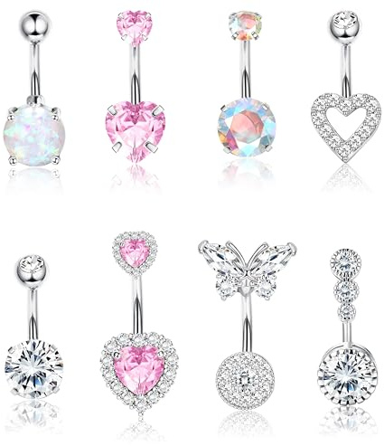 Dochais14G Hypoallergenic Belly Button Rings Set Surgical Steel Belly Bars | 8Pcs Cubic Zirconia Navel Piercing Jewellry for Women Reverse Curved Barbell Piercing Gold/RoseGold/Silver