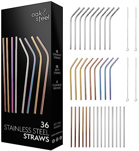 Oak & Steel - 36 Cannucce in Acciaio Inossidabile & 4 Spazzole con Scatola Regalo (4 Colori) - Ecologiche, Riutilizzabili & Lavabili in Lavastoviglie