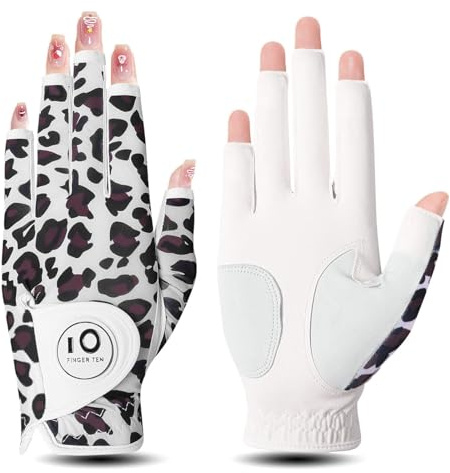 Golf Gloves Ladies Left Hand Right Cabretta Leather with Ball Marker Full Finger/Nail Colors Value Pack, Women Golf Glove Weathersof Grip for Perfect Swing (Leopard Nail Color, S-Worn on Left Hand)