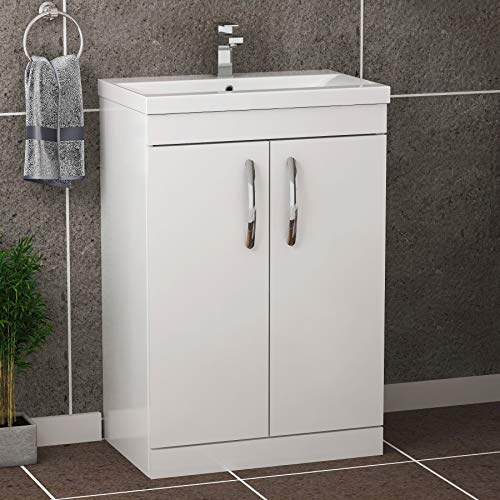 Royal Bathrooms Turin Gloss White Floor Standing 2 Doors Vanity Cabinet Unit and Mid Edge Sink Basin - 600mm