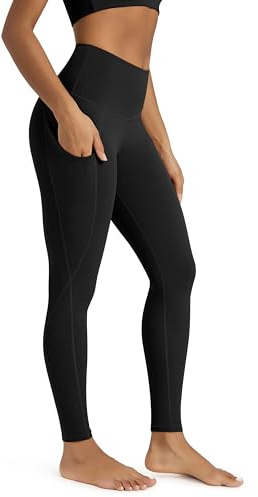 ODODOS Women's High Waisted Full Length Yoga Leggings with Pockets, 28 Inseam Tummy Control Non See Through Workout Athletic Running Yoga Pants, Plus Size, Black, XX-Large