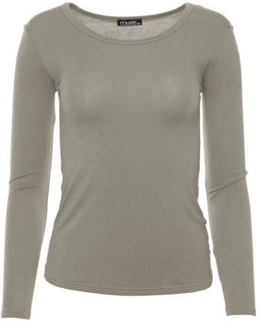 Easy Young Fashion - Damen Basic Rundhals Shirt - Langarm Unterziehshirt - Skinny Fit 1093 - Taupe M