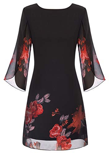 GRACE KARIN female Cocktail Robe en Mousseline de Soie à Manches 3/4 et col Rond Imprimé Rouge sur Noir