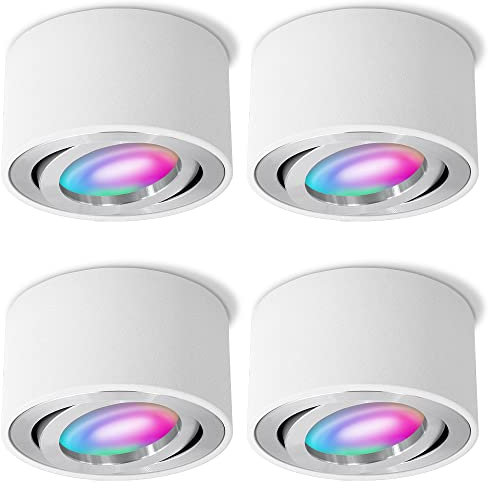 SSC-LUXon 4er Set CELI-1WM Aufbaustrahler flach weiß schwenkbar mit WiFi LED RGB+ Smart - Deckenstrahler kompatibel mit Alexa, Siri & Google