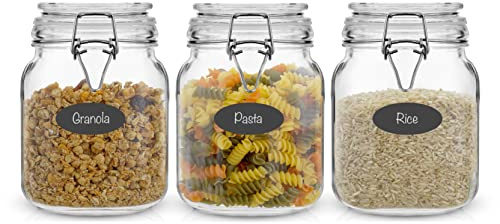 JoyJolt Airtight Glass Jars with Lids Set of 3. 32oz Glass Jar with Lid and 6 Silicone Seals! Med Glass Food Storage Containers. Square Mason Jar, Candy Jar, Sugar Jar, Pasta Containers for Pantry