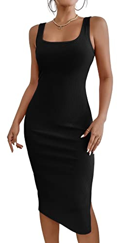 GORGLITTER Damen Tank Kleid Figurbetont Midikleid Lässig Trägerkleid Bleistiftkleid Freizeitkleid mit Schlitz Schwarz L