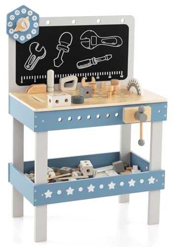 Maxmass Kids Workbench, Pretend Play Tool Bench Set with Blackboard, Storage Shelf, Accessories, Tool & Parts Set, Wooden Construction Toy for Boys Girls 3+ Years Old(75 PCS:50x29x73cm, Grey+Blue)