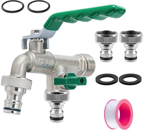 Robinet universel de jardin double 1/2 et 3/4 en alliage d'aluminium avec 2 sorties d'eau + 2 joints toriques, joints d'arrêt d'eau + 2 bandes d'étanchéité à rouleau, robinet extérieur