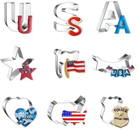 WJSYSHOP Fourth 4th of July Independence Day Cookie Cutters 9-Pc Set – USA Star Flag Banner Heart USA Map Police Badge - A