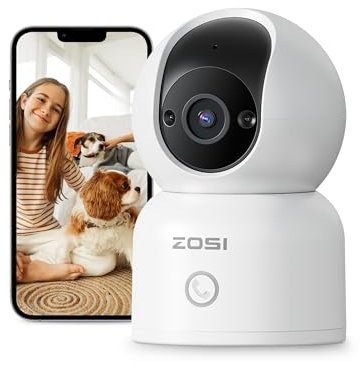 ZOSI 2MP PT Caméra IP WiFi pour intérieur, Plug-in Caméra vidéo Surveillance Pan 355° Tilt 108°, Appel en Un Clic, Détection de Personne et Suivi Automatique, Audio Bidirectionnel, Stockage Cloud
