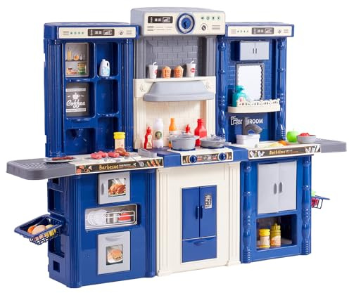 VEVOR Set da Giocattolo da Cucina 3-8 Anni, Cucina Giocattolo 3 in 1 con Spruzzatore Simulato, Suoni e Luci, con Set di Accessori da Cucina 74 Pezzi per in Età Prescolare, Blu