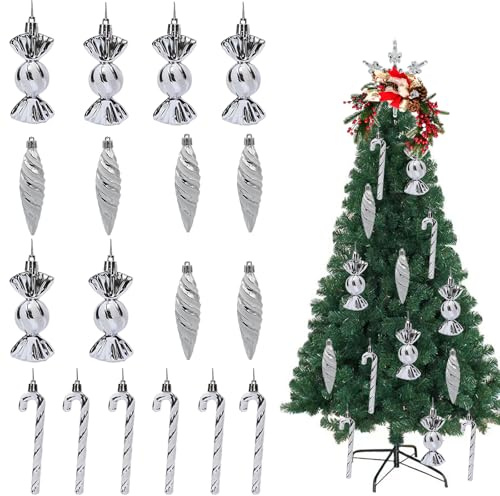 Addobbi per Albero di Natale,18 Pezzi Palline di Natale,Accessori Decorativi per L'Albero di Natale,Bastoncino di Zucchero Glitterato per la Decorazione Natalizia(Argento)