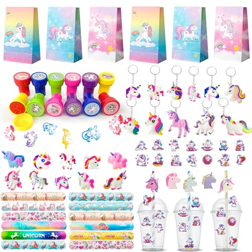 Gadget Unicorno Compleanno Bambina,134pcs Set di Unicorno Bomboniere Festa Bambina - Unicorno Sacchetti Regalo,Braccialetti a Schiaffo Unicorno & Portachiavi Unicorno etc Bomboniere per Feste Unicorno
