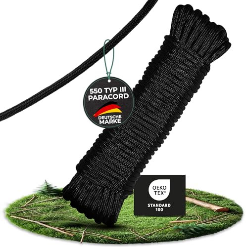 PinPro 4mm Paracord aus 100% Nylon, 550 Typ 3 | Abriebfestes Survival-Seil mit 250kg Tragkraft | Langlebige Schnur ideal für Shelter-BAU, Armbänder & Ausrüstung | Oeko-TEX® Zertifiziert (Schwarz, 15m)