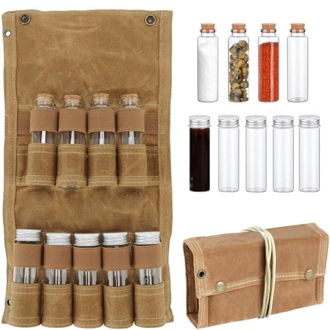 Casenly Bolsa de Especias Portátil con 9 Tarros Vidrio, Kit de Especiaspara Camping, Bolsa de Almacenamiento de Condimentos de Lona, Juego de Contenedores de Especias para Camping Barbacoa Picnic