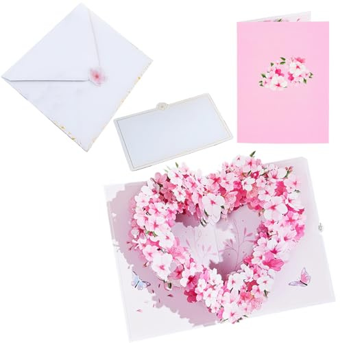 3PCS 3D Pop Up Sakura Heart Birthday Card, Handcrafted Floral Valentines Cards with Envelope, Pink Card for Mother’s Day, Anniversaries, Birthdays