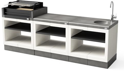 Tuozi KITAWAY 3er-Pack [F] – Außenküche KITAWAY GRILL – Modularer Grill mit Edelstahl-Grill, Spüle, Ablage und Hülle (255 x 63 x 115 cm)