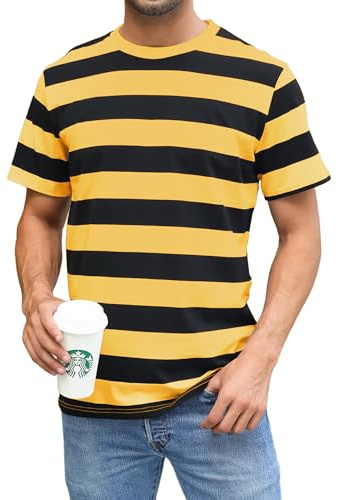 Sykooria Round Neck Wide Striped T-Shirt Black&Yellow Bold Stripes Casual Short Sleeve Tops for Men, Black/Yellow Bold Stripes XL