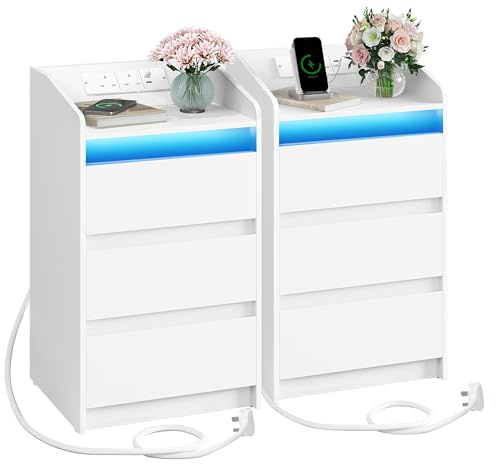 Hzuaneri Bedside Tables Set of 2 with 3 Drawers, Bedside Cabinet, Side Table with Charging Station and LED, 2 AC and 2 USB Ports, Nightstand for Bedroom, Living Room, End table, White NS40103XUK